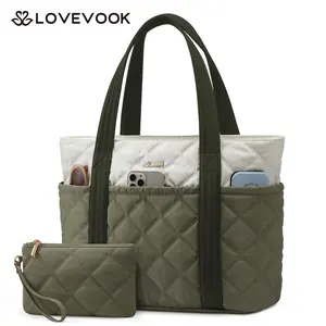 LOVEVOOK Puffer Tote Bag for Women,Large Capacity Portable Work Bag,with Multiple Compartments and Cup Holder,Stylish Quilted Travel Shoulder Bag,Lightweight and Comfortable Nylon Material,Suitable for Vacation,Fitness,Travel and Other Occasions