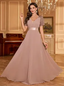 Elegant Deep V Neck Sequin Patchwork Short Sleeve Dress, Waist Cinching Backless Loose Hem Bridesmaid Gown, Recycled Fabric Party Dress