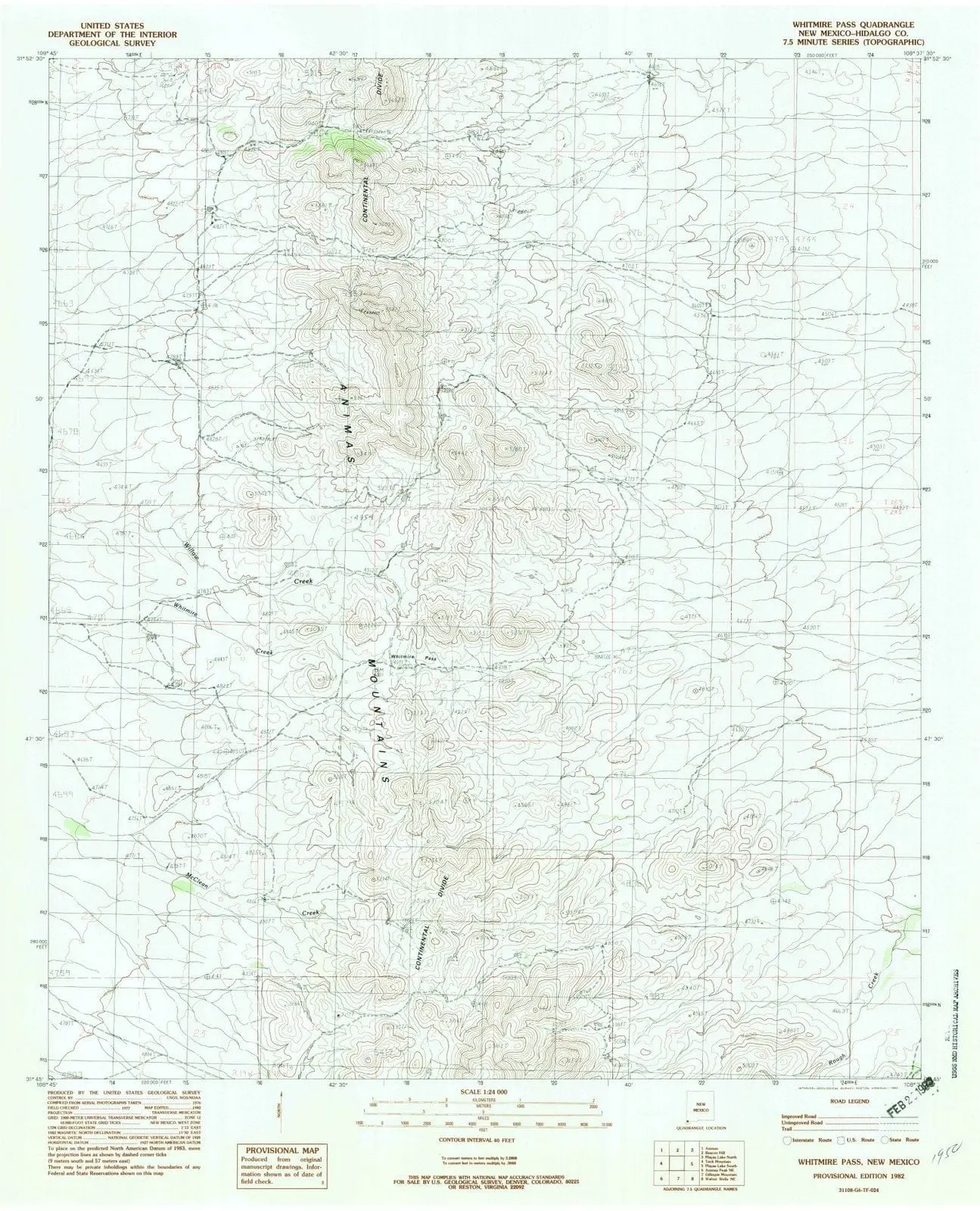 Whitmire Pass New Mexico USGS Topographic Quadrangle Map, 1982, 1:24000