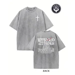 Men's Heavyweight 230gsm Cotton Vintage Washed T-Shirt - Dual-Sided "with God All Things Possible" & Cross Print, Loose Fit Hip Hop Streetwear, Round Neck Short Sleeve Casual Tee for Casual Attire, Ribbed Neckline Shirt Crewneck Knit Fabric Tshirt
