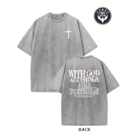 Men's 230gsm Heavyweight Stretch Cotton Graphic Tee - Short Sleeve Round Neck, Casual Christian Loose-Fit Dual-Sided Print, Vintage Washed Fabric, Grey Menswear Top for All Seasons (Men's T Shirts, T Shirts)