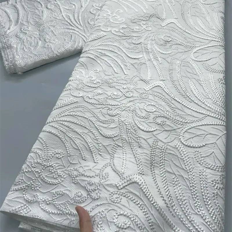 African Brocade Lace Fabric French Floral Jacquard 5 Yards White Embroidered Design