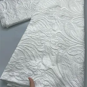 African Brocade Lace Fabric French Floral Jacquard 5 Yards White Embroidered Design