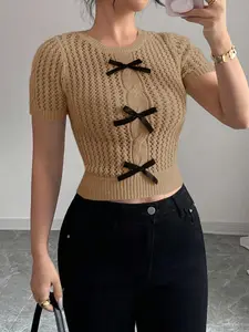 Women's Fashion Womenswear Knit Short Sleeve Pullover Top, Butterfly Knot Hollow Out Design, Casual Spring Summer Wear, Fitted Plain Blouse, Knitwear, Basic