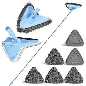 Wall Mop Cleaner with 80 Inches Long Handle, 180° Folding Ceiling Cleaning Tool with Squeegee, Triangle Baseboard Scrubber with 4 Chenille Duster and 2 Microfiber Pads for Washing Painted Walls