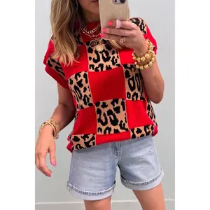 Red Leopard Checkerboard Short Sleeve Knit Sweater
