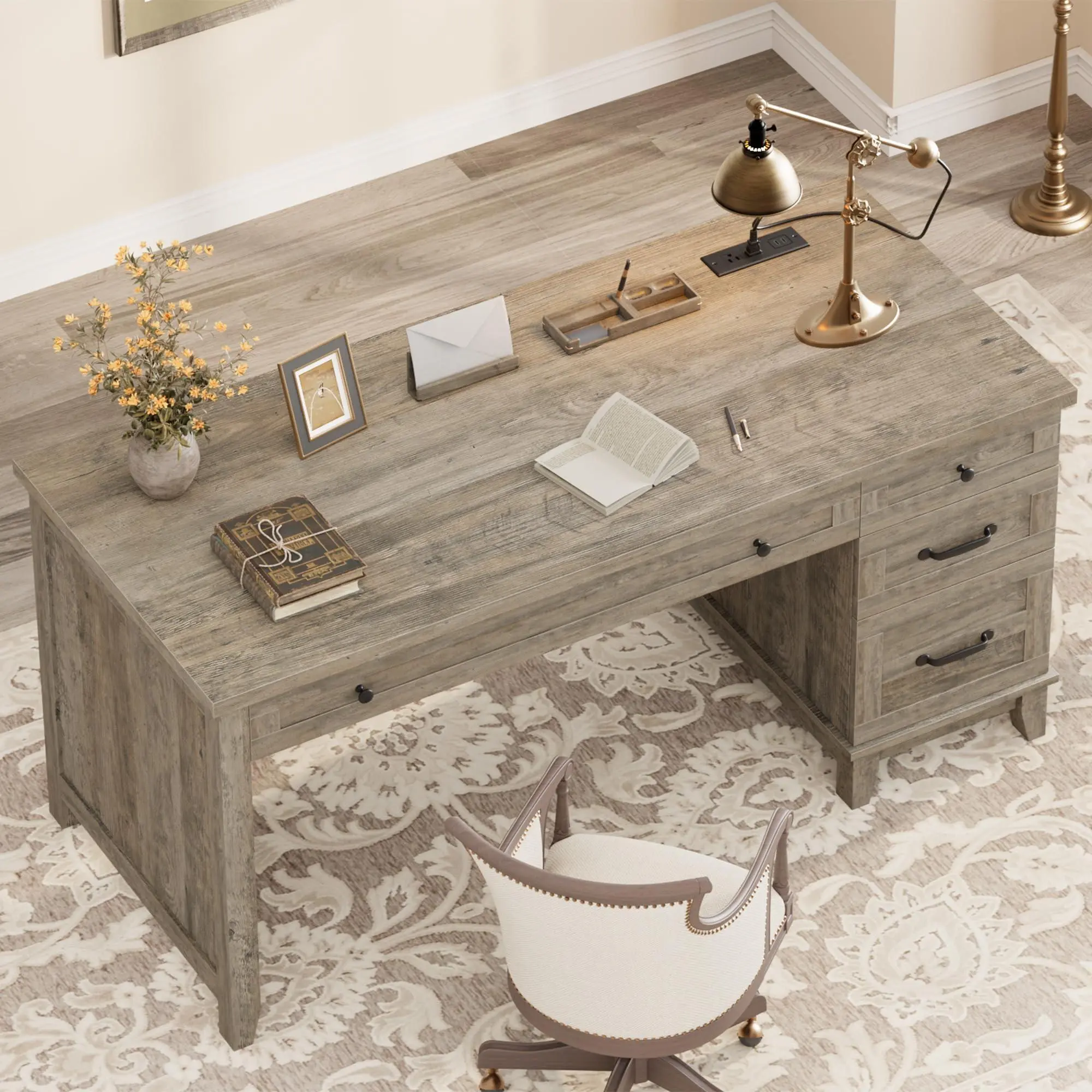 53.5" Farmhouse Computer Desk with Charging Station, Rustic Black Home Office Executive Desk, Wooden Workstation with File Cabinet Storage Drawers for Writing & Study, Rustic Gray