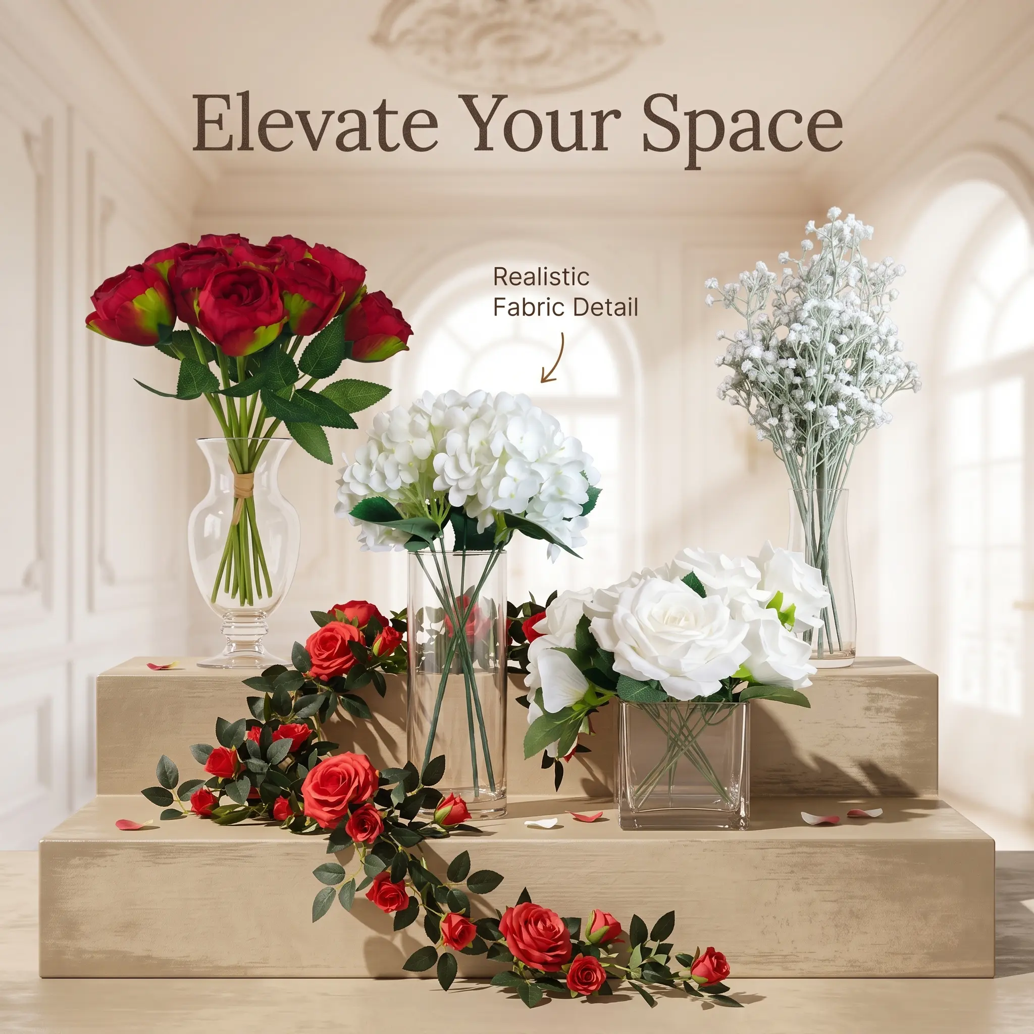 Decorative Artificial Flower  - Rose, Hydrangea, Rose Vine, Baby's Breath Bouquet,Realistic Silk Photo-Worthy Table Vase Filler for Bridal Wedding , Boho Living Room Decor, Birthday Party Backdrop, DIY Floral Home Decor Gifts
