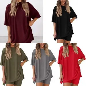 Trendy Women Matching Outfit, Round Neck Loose Top & High Waist Split Shorts, Ultra Soft Comfy Home & Daily Wear Sizes S-3XL