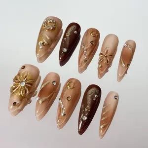 PRESSMEON Handmade Press-On Nails 10pcs | 3D Trendy Reusable Acrylic Nails Almond, Square, Stiletto Square Collection with Fashion Nail Art
