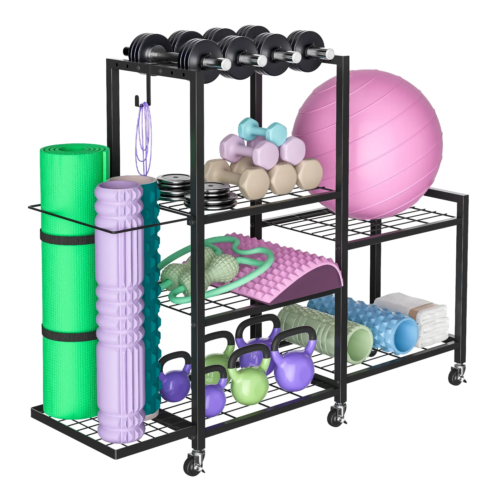 Explorinox Home Gym Storage Rack with Wheels, Adjustable Dumbbell Storage Yoga Mat Organizer, Multi-Purpose Fitness Equipment Stand