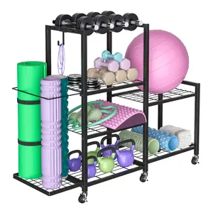 Explorinox Home Gym Storage Rack with Wheels, Adjustable Dumbbell Storage Yoga Mat Organizer, Multi-Purpose Fitness Equipment Stand