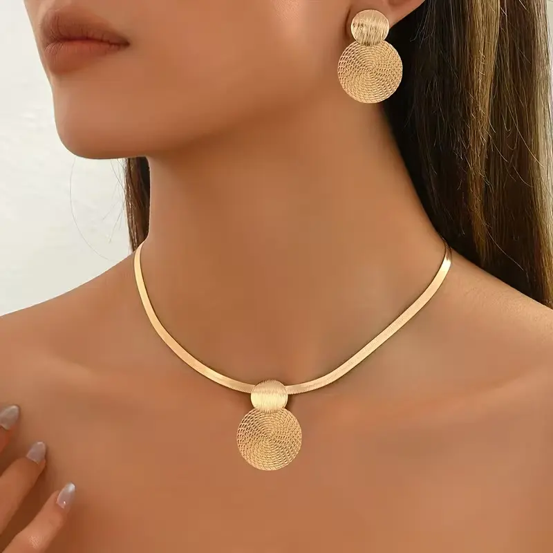14K Gold Herringbone Necklace & Double Circle Textured Drop Earrings Jewelry Set, Minimalist Large Disc Pendant Matching Jewelry for Women