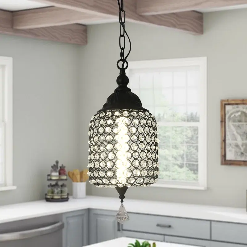 Garwarm Rustic Industrial Hanging Light Fixture - Vintage Black Metal Lantern with Decorative Cut-Outs, Perfect for Farmhouse, Kitchen, or Living Room Decor