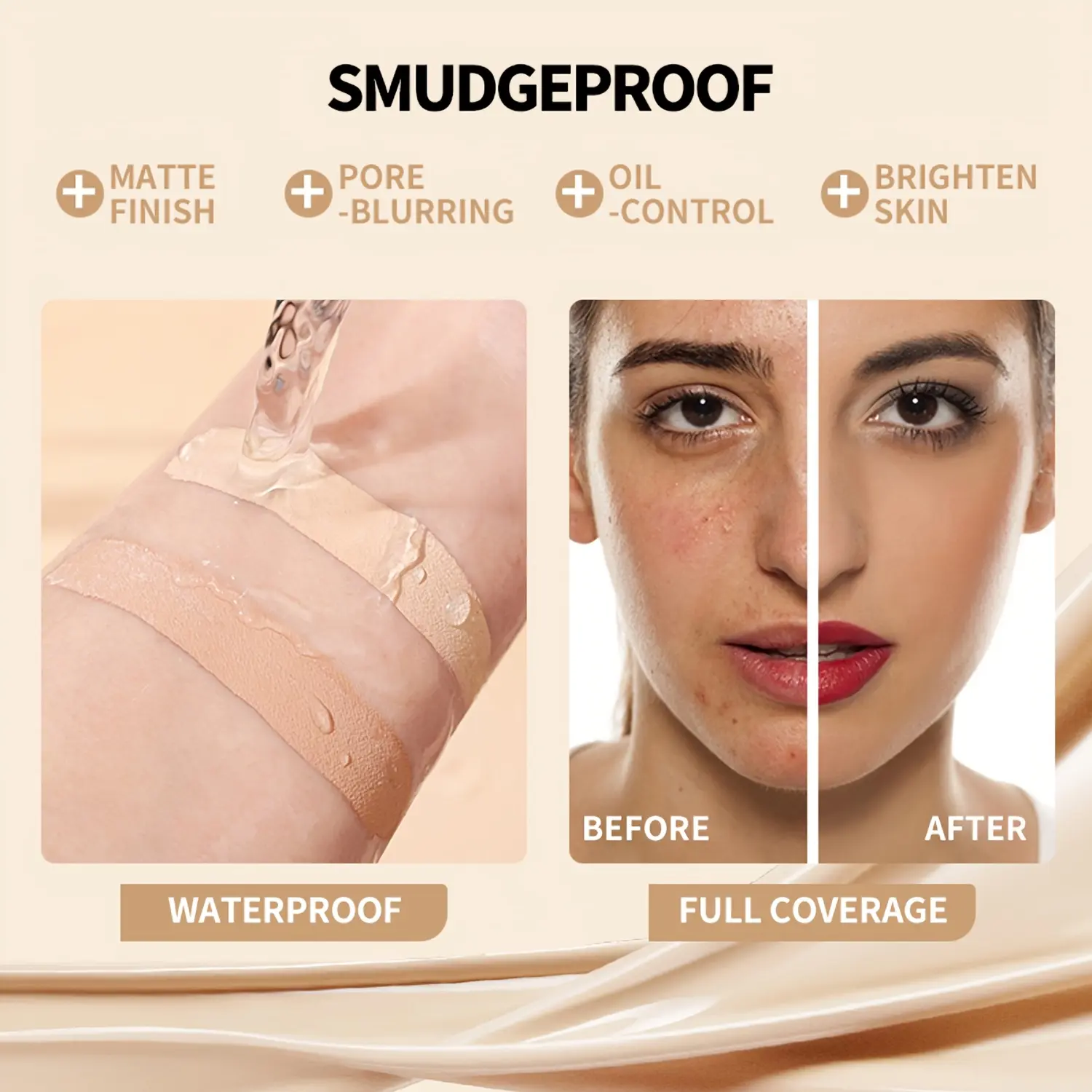 kakashow Brightening Liquid Foundation - Long-Lasting, Buildable Cover, Natural Look, Lightweight Second Skin Texture, Waterproof, Transfer-Proof, Silky Smooth Coverage, Daily Wear, Even Skin Tone Concealer, Beauty Cosmetic, Flawless, Makeup
