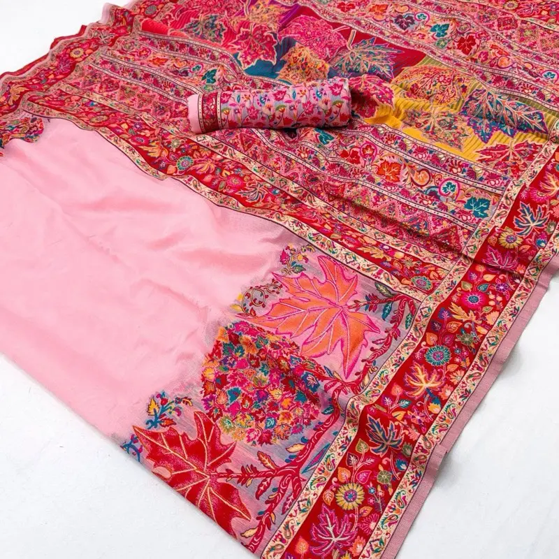 Kashmiri Pure Cotton Handloom-Woven Pashmina Saree with Matching Blouse Piece