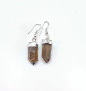 Smoky Quartz Raw Point Earrings in Plated Dangle Setting