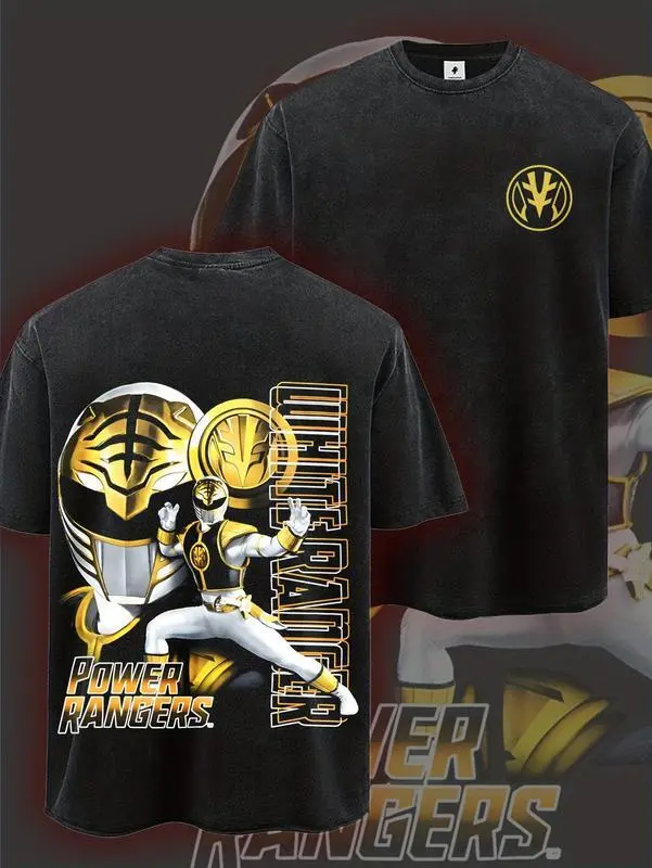 White Ranger Power Rangers Double Sided Graphic Tee Vintage Distressed Heavyweight Short Sleeve Round Neck Soft Durable Casual Streetwear Convention Daily Outdoor Stylish Retro Adult Top Perfect Gift For Classic Action Movie Enthusiast Fans