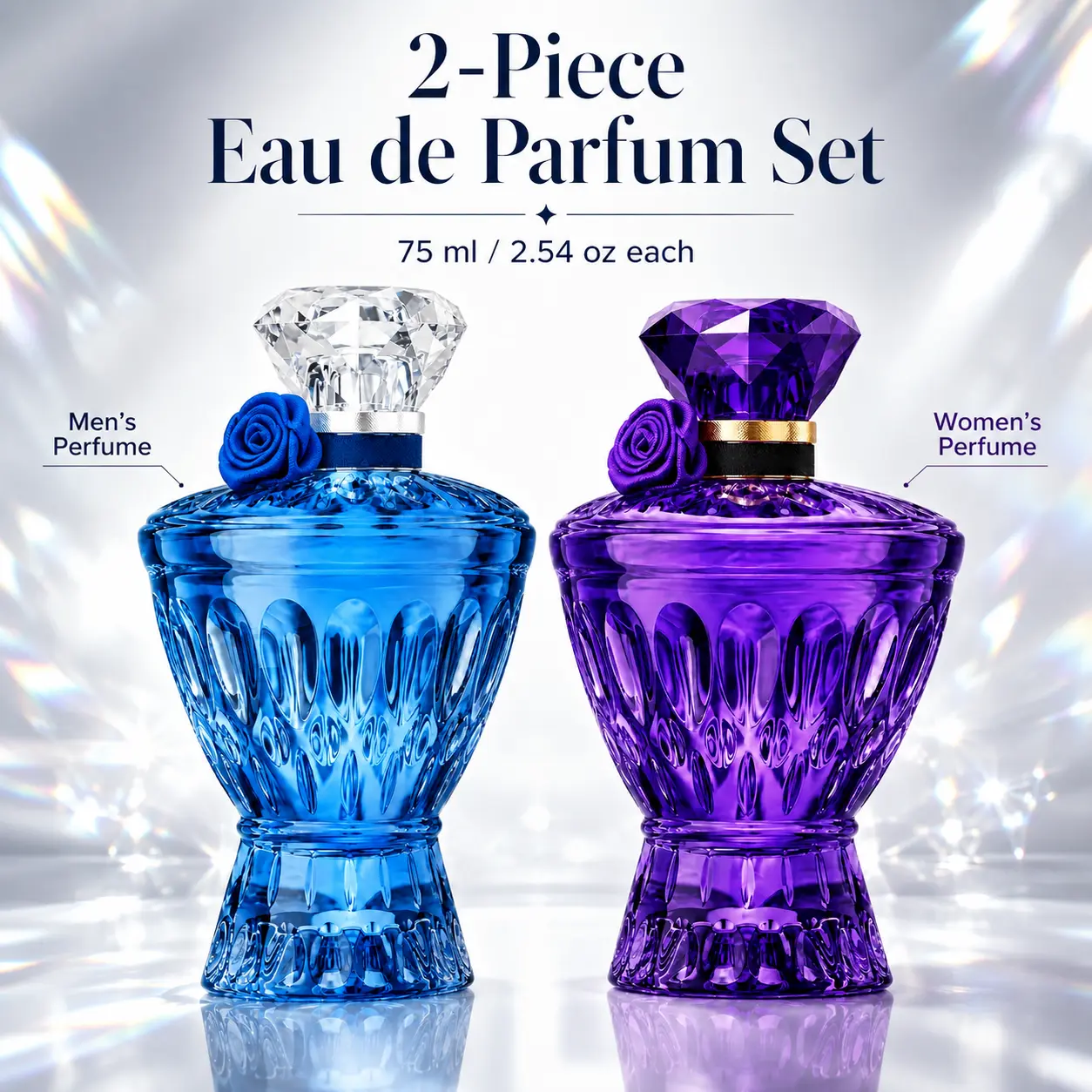 Sapphire Blue & Twilight Amethyst Crystal Perfume Set 2PCS, 75ML Each - Long Lasting Fresh Woody Floral Fragrance for Him & Her, Luxury Gemstone Bottles, His and Hers Gift Set, Valentine Birthday Anniversary, Daily Wear, summervibes