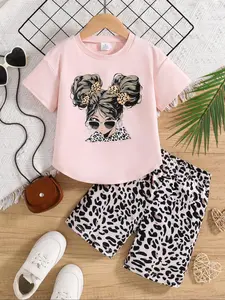 Girl's Leopard Print Short Sleeve Tee & Shorts Two-piece Set, Casual Round Neck T-shirt & Shorts for Daily Wear, Kids Summer Clothes, Outfit, Tops