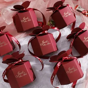 50pcs, Creative Petal Happy Candy Box European Wedding Table Gift Box Hexagonal Petal Candy Box Wedding Back Gift Box With Ribbon, Packaging Box, Gift Box, Wedding Stuff, Wedding Favors For Guest, Gift Boxes, Wedding Decorations For Reception