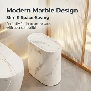 Modern Marble Print Slim Oval Trash Can with Odor Control Lid, Space-Saving Decorative Waste Bin for Bathroom, Bedroom & Kitchen