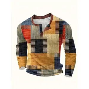 Vintage Color Block Plaid 3D Digital Print Henley Shirt for Men - Casual Outdoor Long Sleeve Top