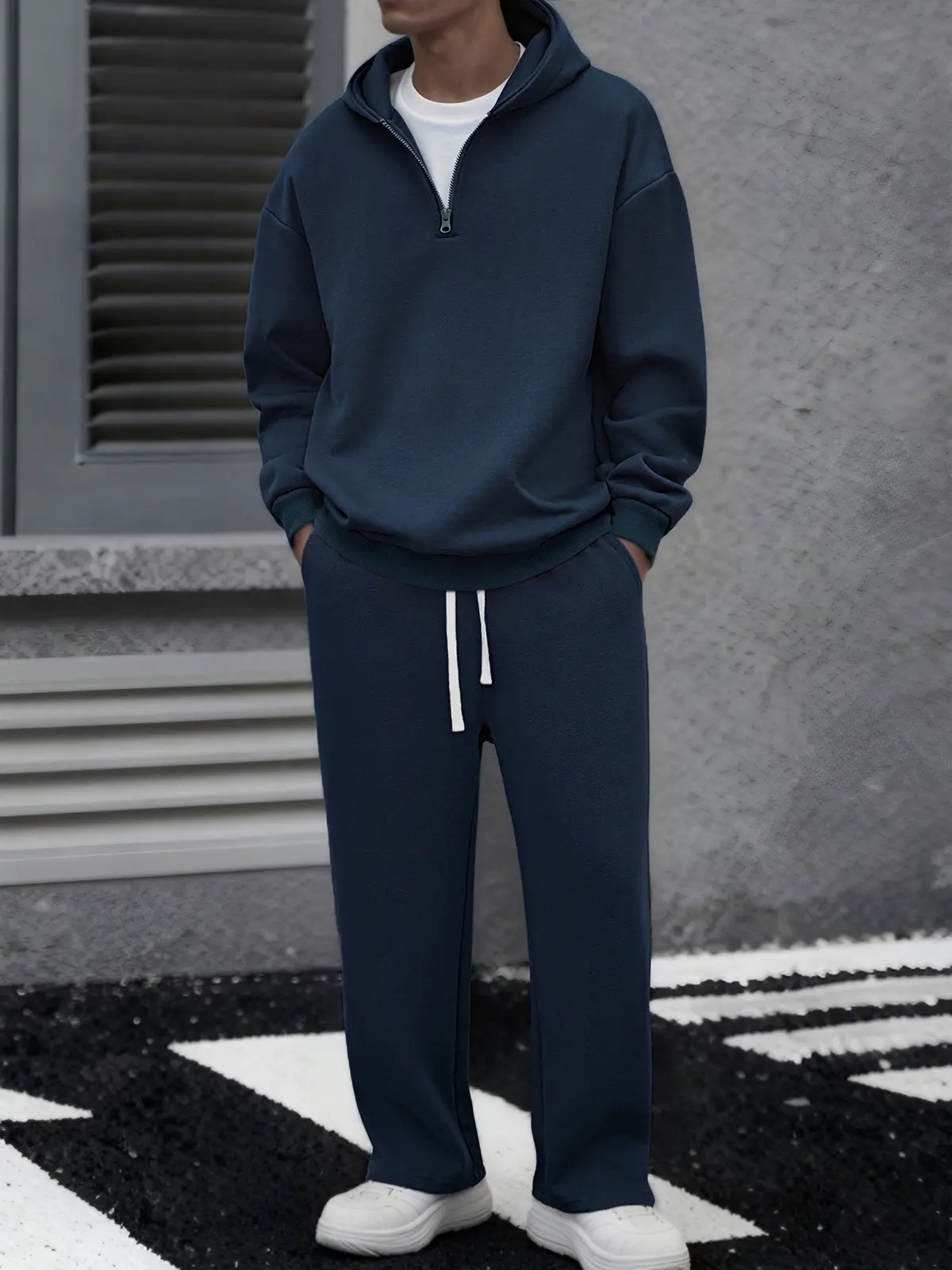 Men's solid color half zipper hooded casual pants two-piece set super soft, breathable, lightweight pullover sweatshirt with adjustable drawstring cap, large pocket, loose fit, daily leisure travel, morning walk, outdoor errand, long sleeved SpringStateme