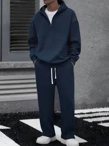 Men's solid color half zipper hooded casual pants two-piece set super soft, breathable, lightweight pullover sweatshirt with adjustable drawstring cap, large pocket, loose fit, daily leisure travel, morning walk, outdoor errand, long sleeved