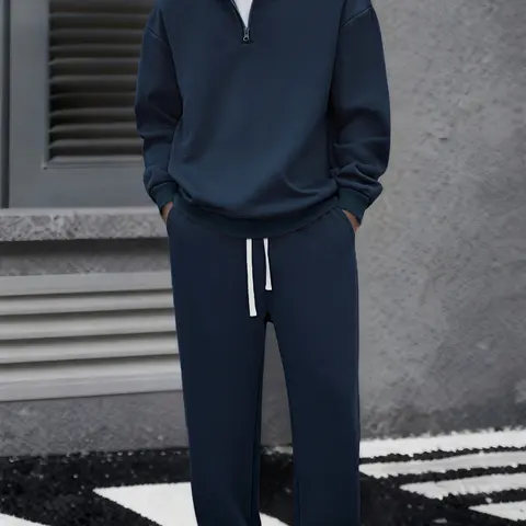 Men's Solid Color Half Zip Hooded 2 Piece Casual Set Super Soft, Breathable, Lightweight Long Sleeve Pullover Sweatshirt, Adjustable Drawstring Cap, Large Pocket, Loose Fit Pants for Daily Leisure, Outdoor Errands, Men's 2 Piece Sets