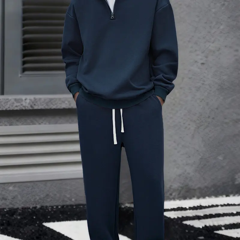 Men's Solid Color Half Zip Hooded 2 Piece Casual Set Super Soft, Breathable, Lightweight Long Sleeve Pullover Sweatshirt, Adjustable Drawstring Cap, Large Pocket, Loose Fit Pants for Daily Leisure, Outdoor Errands, Men's 2 Piece Sets