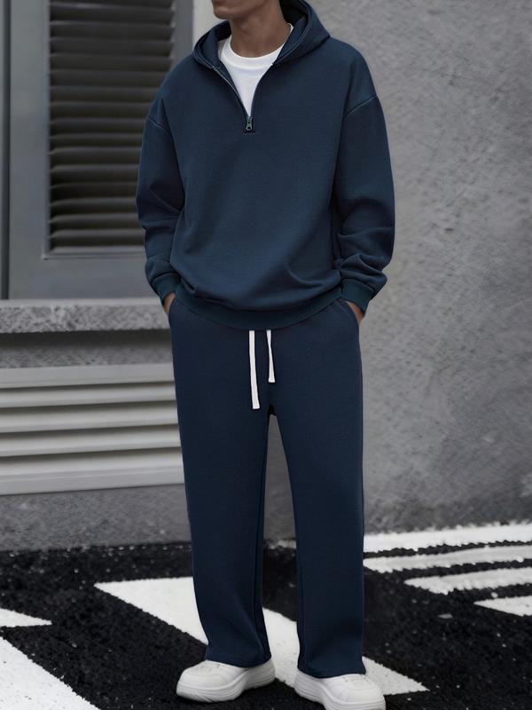 Men's solid color half zipper hooded casual pants two-piece set super soft, breathable, lightweight pullover sweatshirt with adjustable drawstring cap, large pocket, loose fit, daily leisure travel, morning walk, outdoor errand, long sleeved