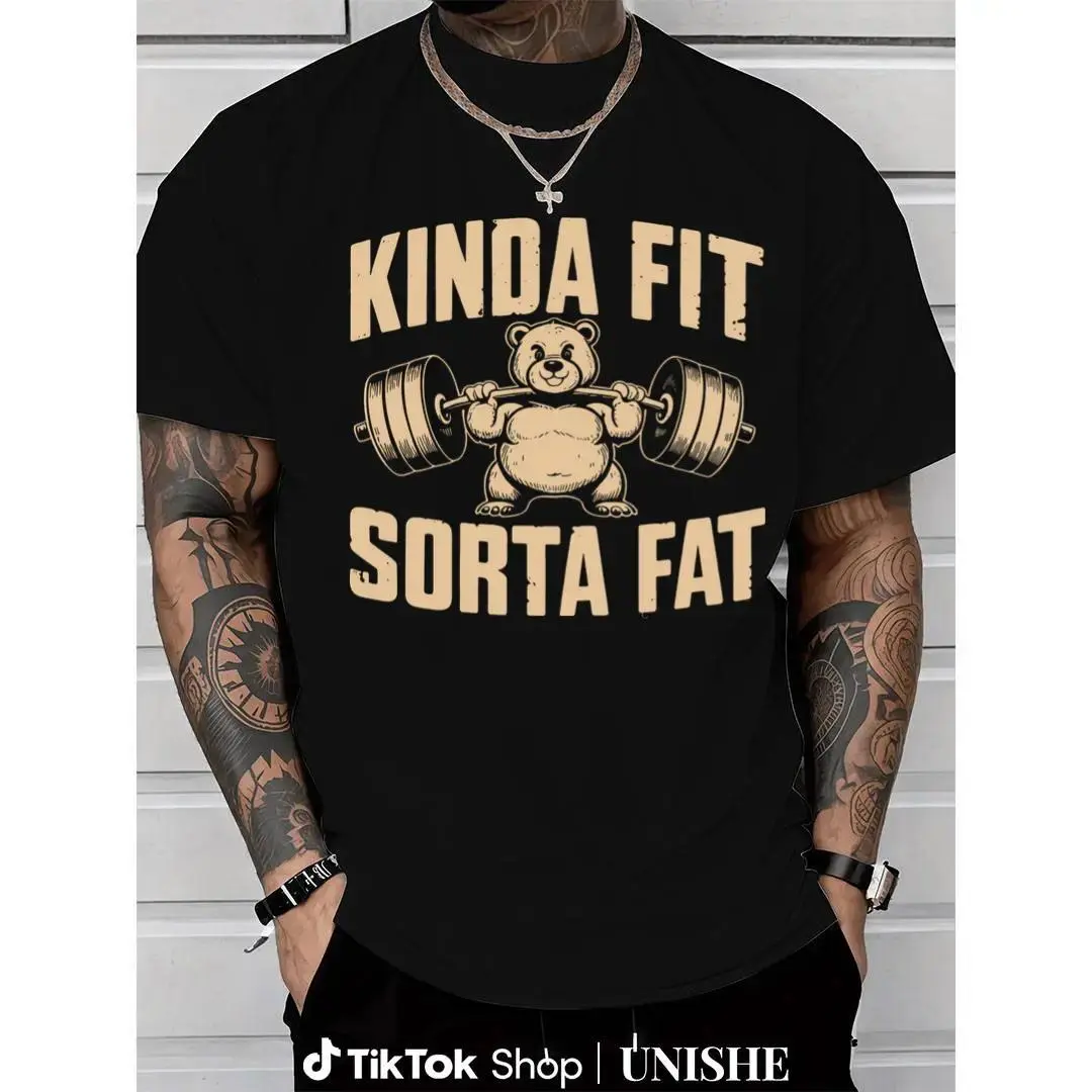 Men's Vintage Whimsical Funny Weightlifting Bear Graphic T-Shirt, 100% Heavyweight Cotton Basic Oversized Round Neck Distressed Short-Sleeve All-Seasons Casual Streetwear Tops