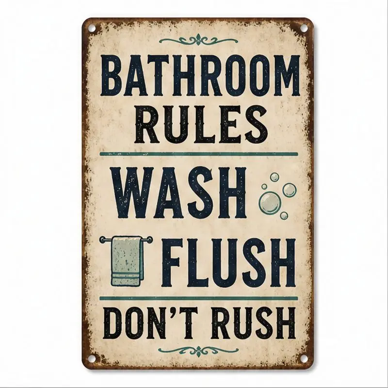 Funny Bathroom Plaque Sign - 8" x 12" Vintage Bathroom Rules Wall Decor