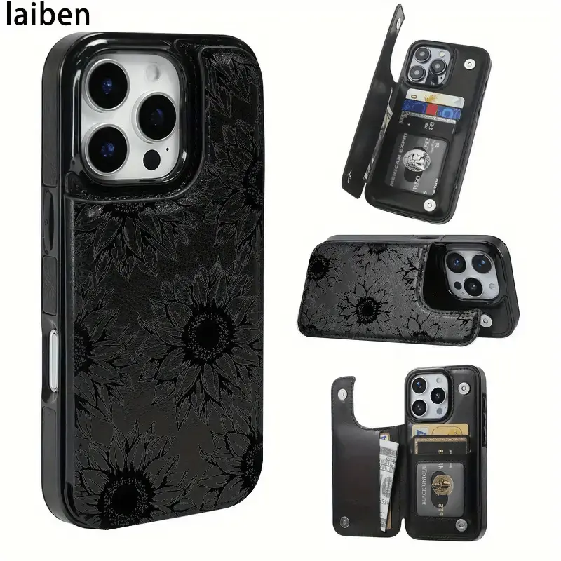 Elegant Black Sunflower Wallet Phone Case for iPhone 17/16/15/14/13/12 Pro Max/Pro/Plus/Air – PU Leather Card Holder