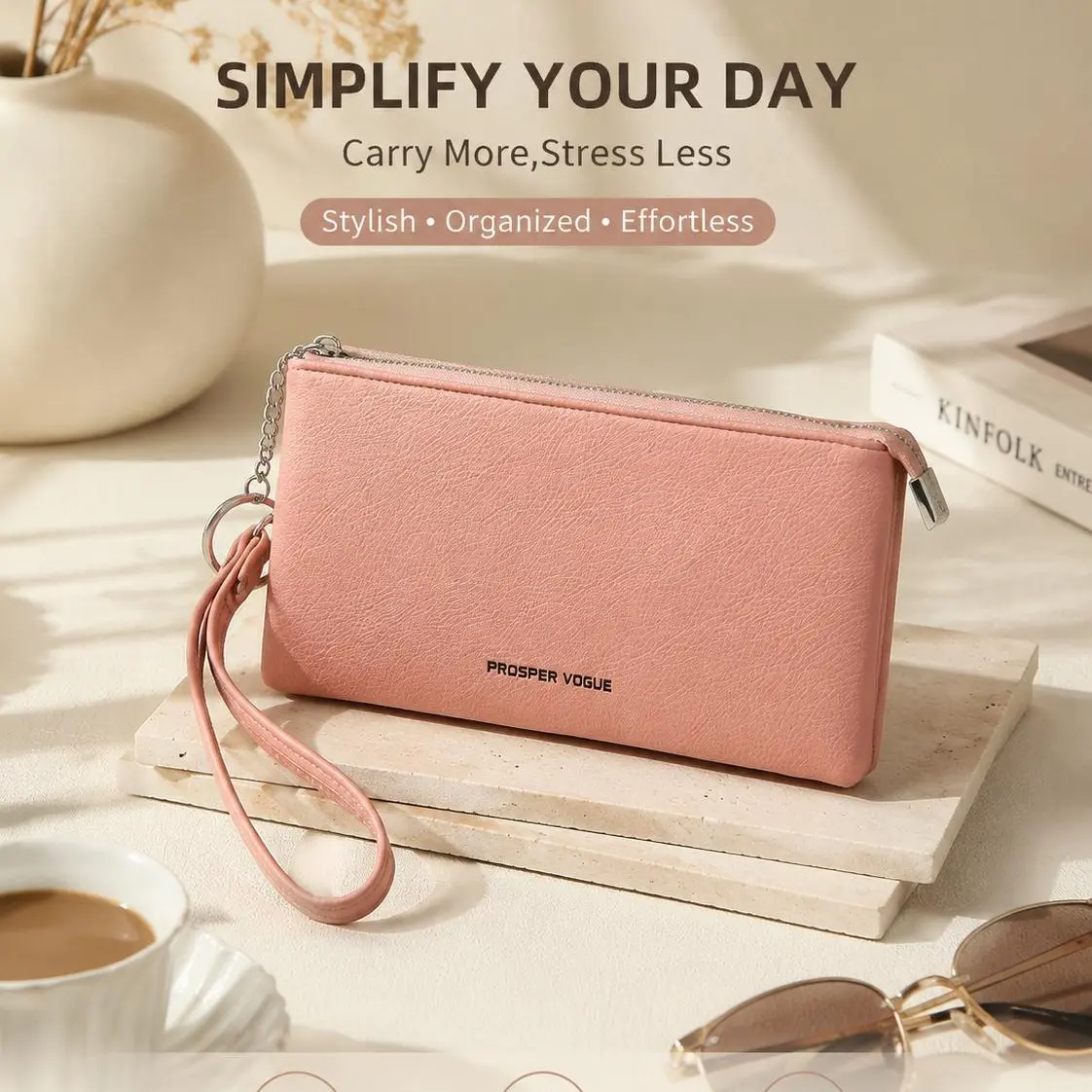 Women’s Faux Leather Clutch Wristlet Wallet - Soft Litchi Texture, Single Zipper, Multi-Use Large Capacity Solid Colors Purse for Daily/Party Shopping (Card Holder, Cash Bag, Phone Pouch)