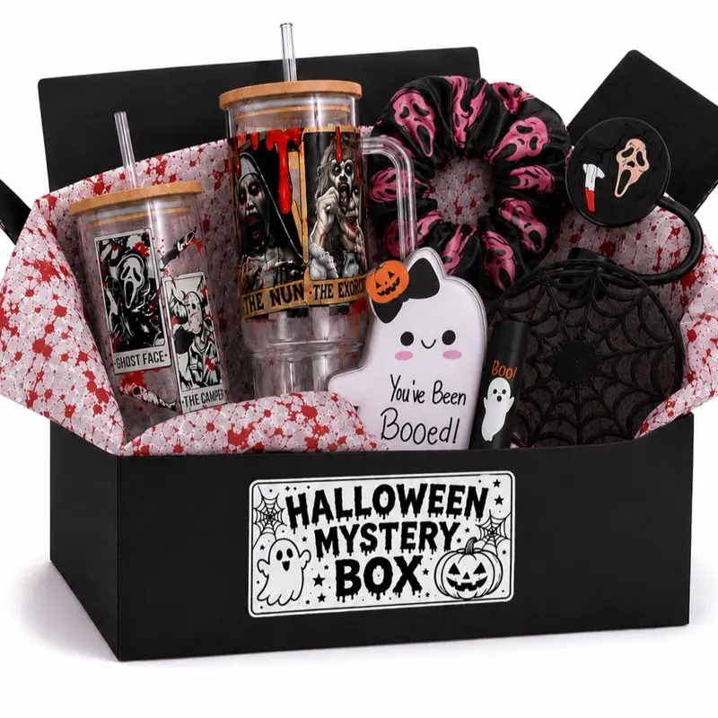Halloween Horror Mystery Box - 40 oz Tumbler, 16 oz Libby Glass Can,  Drinkware, Bamboo Coffee Glass, Reusable Ghost Mug, Coaster, Straw - Ideal Halloween Gift