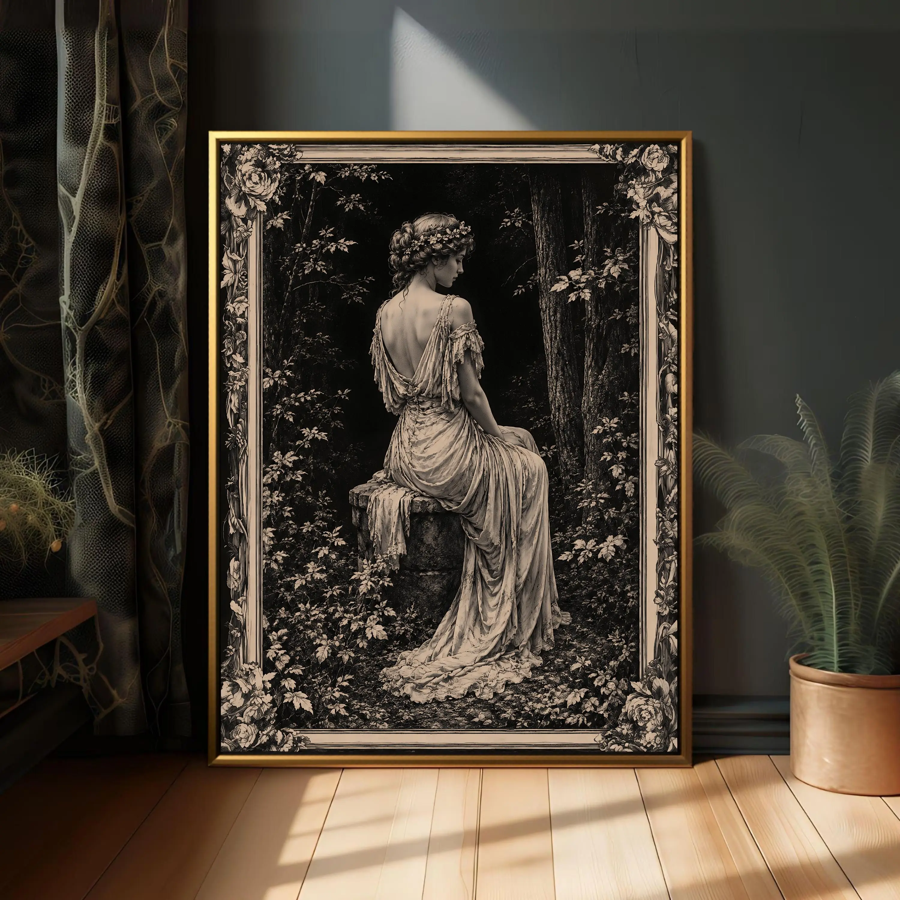 [SALE UP TO 40%] [Unframed] Gothic Woman Portrait, Dark Forest Decor, Floral Border Poster, Romantic Figurative Print, Moody Botanical Artwork, Elegant Study Room
