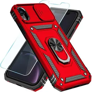 Compatible with iPhone XR Case with HD Screen Protector & Slide Camera Cover & Rotated Ring Kickstand, [Military-Grade] Phone Case for iPhone XR