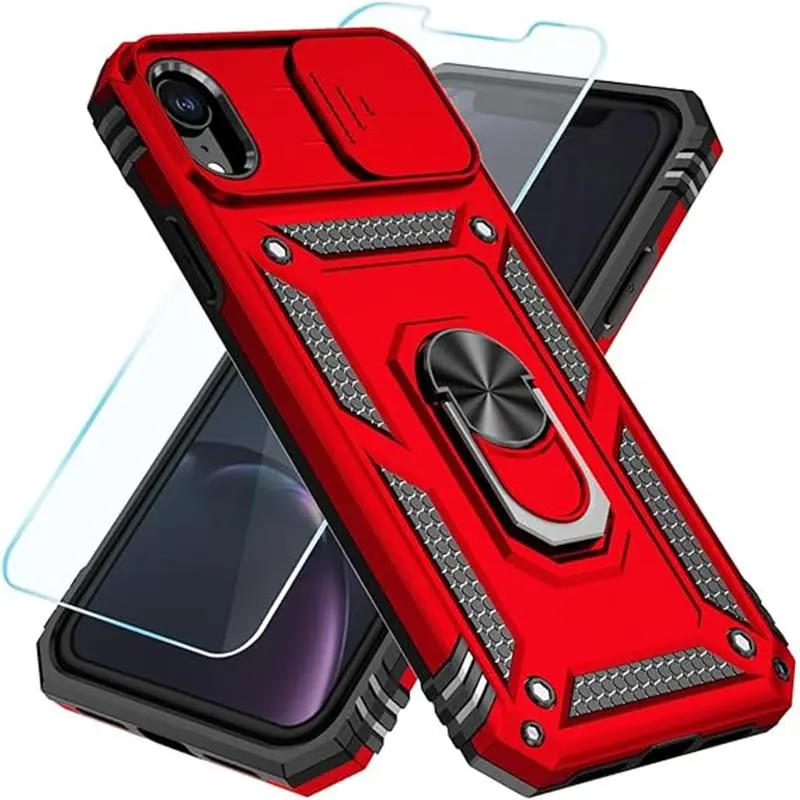 Compatible with iPhone XR Case with HD Screen Protector & Slide Camera Cover & Rotated Ring Kickstand, [Military-Grade] Phone Case for iPhone XR