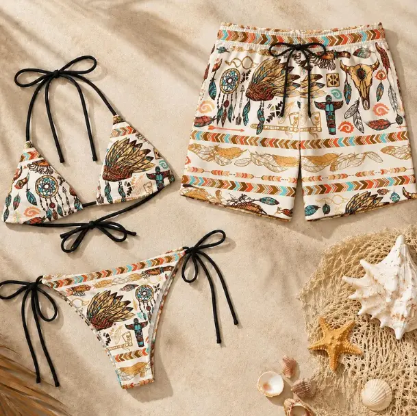 Matching Couples Swimwear, Boho Bikini Set, Bohemian Beach Outfit, Couple Vacation Swimsuit, Aztec Inspired Beachwear