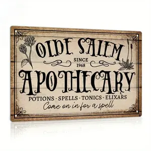 Vintage Olde Salem Apothecary Metal 8x12 in Pre-Holed Iron Wall Sign, Witchy Potions Home Decor, No Electricity, Easy to Hang, Durable Festive Art for Halloween, Christmas, Gifting Option