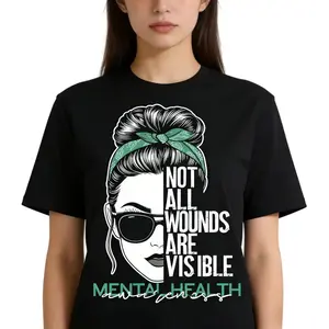 Fashion Designer TShirts with Mental Health Awareness Graphic Tee Not All Wounds Are Visible Casual Fitted 100% Cotton Crewneck T-Shirt for Men Women All Seasons Wear Machine Washable Unisex Top