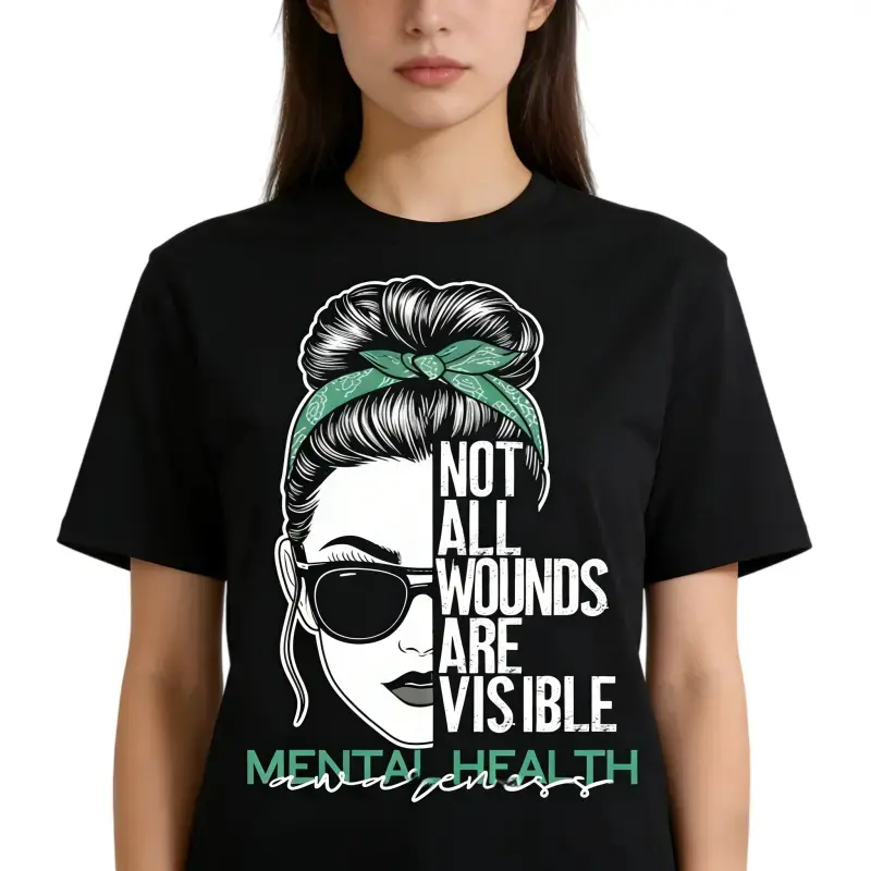 Unisex 100% Cotton Crewneck Short-Sleeve T-Shirt, Fashion Designer Style Essential Fabric Print, Mental Health Awareness "Not All Wounds Are Visible" Graphic, Casual Fitted, Machine Washable Men's Top for All Seasons Wear, Shortsleeve, Machine Washable, E