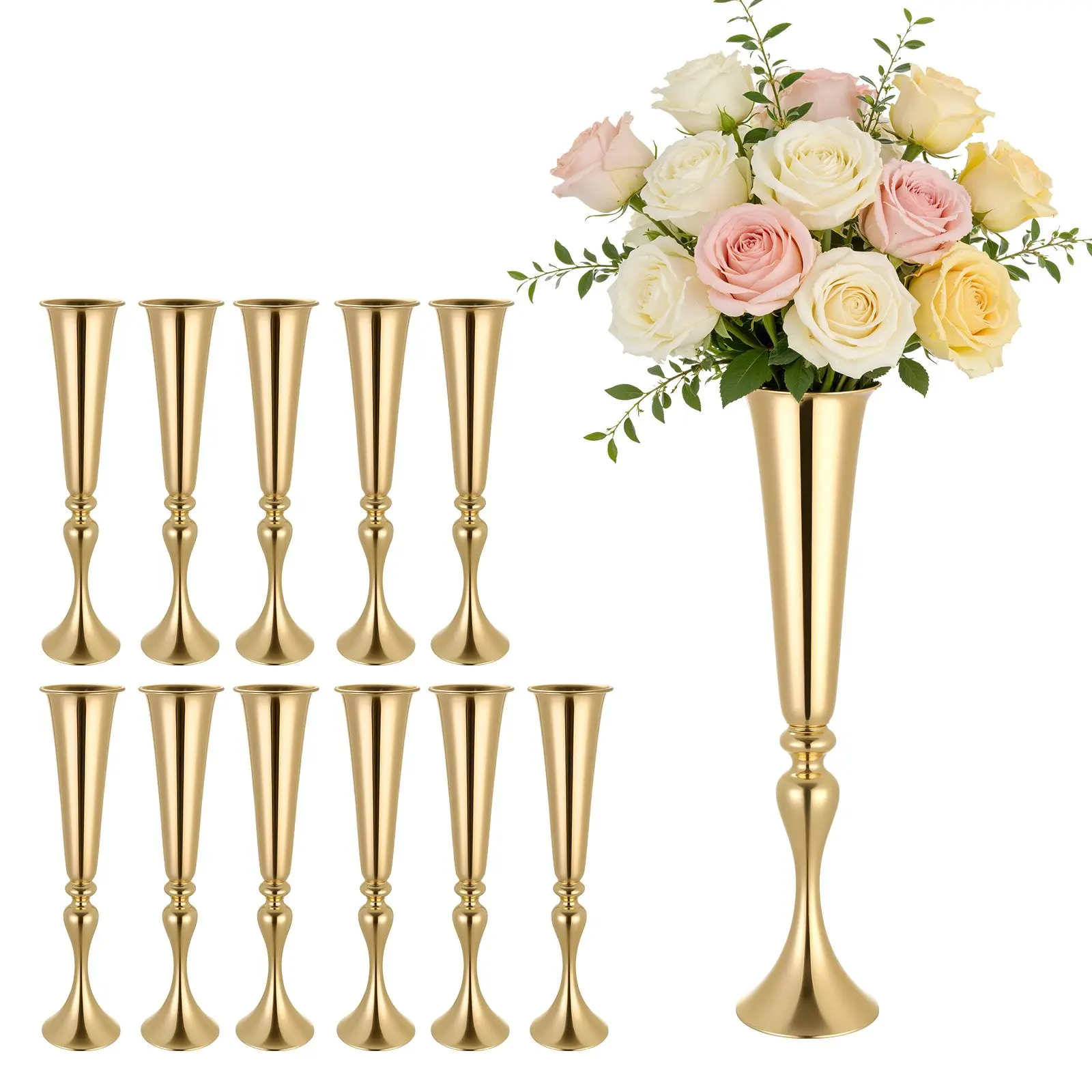 【DealsForYouDays】VEVOR 12 PCS (Quantity) French Gold-Toned Mermaid Wedding Flower Vase, 21.7 in Tall Trumpet Floral Table Centerpieces, Easy-Installation Banquet Vases, Electroplated Versatile Arrangement Stand for Party Home Decor