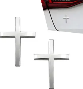 2 PCS Cross Car Decals, Metal Jesus Cross Badge Decal, 2.5"×1.8" 3D Alloy Car Cross Emblem Decal, Self Adhesive Metal Auto Badge Decor Sticker for Trunk, Rear Fender Side Fender (Silver)