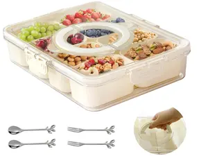 Snackle Box Container Divided Serving Tray with Lid and Handle, Includes 8 Compartments for Dry Fruit Snack Box, Portable Fruit Tray Great for Kitchen, Party, Picnic, Travel