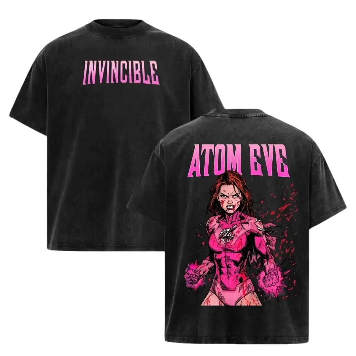 Vintage Washed Atom Eve T-Shirt Invincible Double Sided Pink Superhero Blood Graphic Oversized Animated Hero Streetwear Short Sleeve Top For Invincible Series Fans