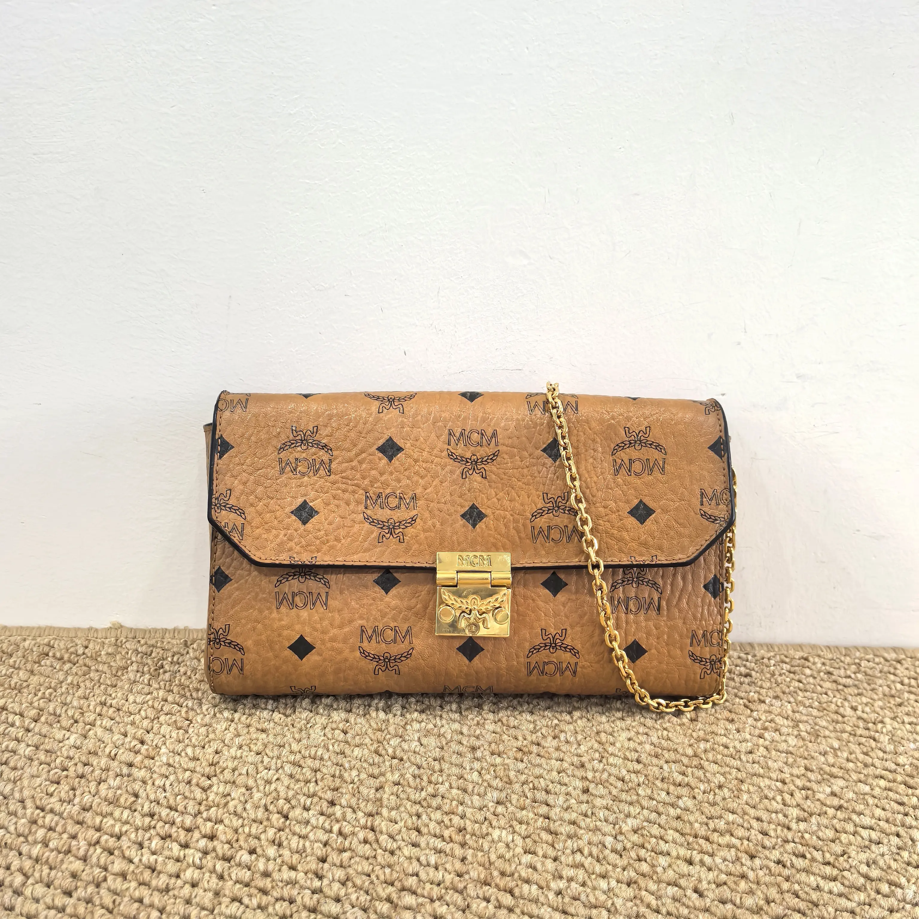 Pre-owned MCM Authentic Visetos Mini Envelope Bag Cognac Chain Strap Shoulder Crossbody Bag