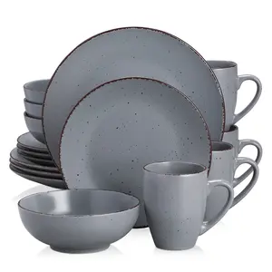 vancasso Moda Matte Dinnerware Set - 16 Pieces Dinner Set Grey Stoneware Crockery with 10.5in Dinner Plate, 8in Dessert Plate, 31oz Pasta Bowl and 12oz Mug, Service for 4 Tableware